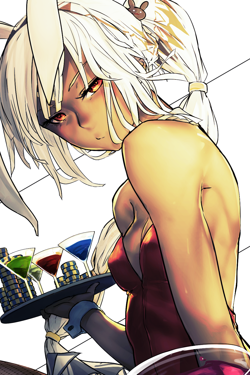 1girl altera_(fate) animal_ears bare_shoulders black_pantyhose breasts cleavage cocktail_glass cup dark-skinned_female dark_skin drinking_glass fake_animal_ears fate/grand_order fate_(series) female_focus fishnet_pantyhose fishnets hair_ornament highres i-pan leotard looking_at_viewer pantyhose playboy_bunny poker_chip rabbit_ears red_eyes solo tattoo tray veil white_hair wrist_cuffs
