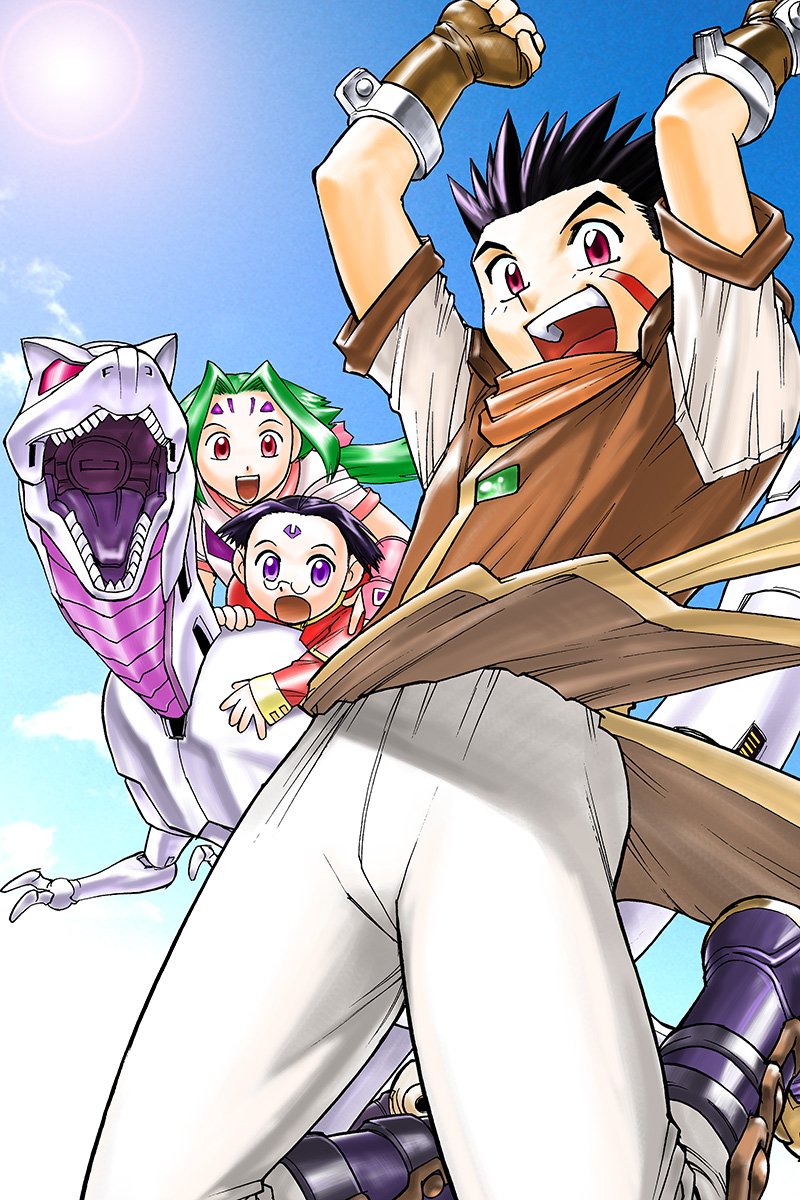 cloud dress facial_mark fiona_(zoids) forehead_mark gloves highres long_hair looking_at_viewer open_mouth ponytail red_eyes smile sun ueyama_michirou van_flyheight zeke_(zoids) zoids zoids_chaotic_century