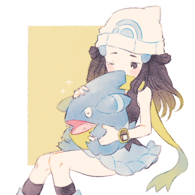 1girl alternate_color beanie black_hair black_shirt black_socks blue_skirt closed_eyes dawn_(pokemon) gen_4_pokemon gible grey_eyes hair_ornament hairclip hat looking_at_another lowres nintendo one_eye_closed poke_ball_print pokemon pokemon_(creature) pokemon_dppt ryokuno_green scarf sharp_teeth shiny_pokemon shirt simple_background sitting skirt socks teeth white_background white_hat yellow_scarf
