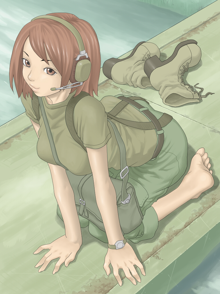 1girl 5tatsu bad_anatomy bad_feet bad_id bad_pixiv_id bag barefoot between_breasts boots breasts brown_eyes brown_hair feet female_focus headset kneeling konami metal_gear_(series) metal_gear_solid:_portable_ops metal_gear_solid_3:_snake_eater para-medic_(mgs3) smile solo strap_between_breasts watch wristwatch