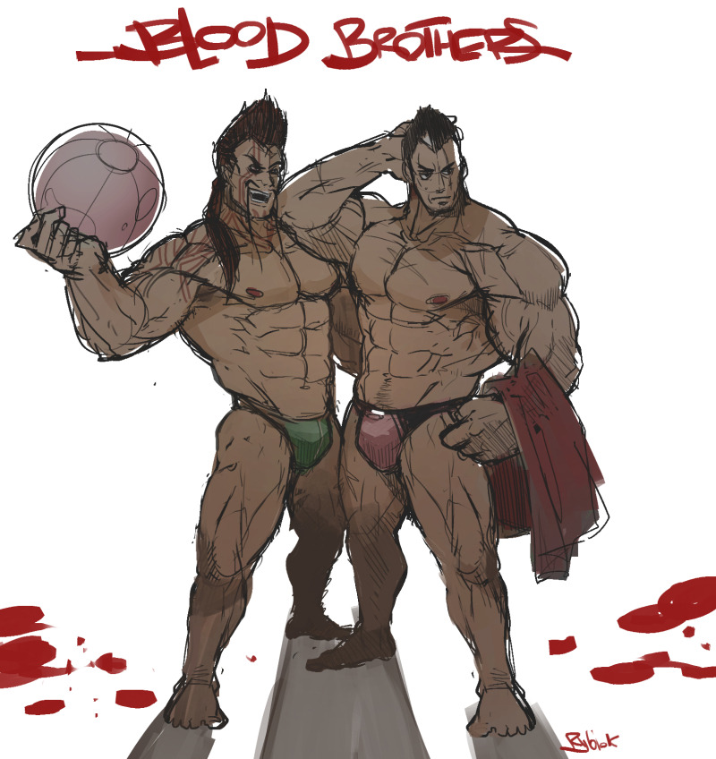 2boys abs arm_behind_head artist_name ball bara barefoot beachball black_hair blood blood_brothers blood_on_ground broad_shoulders brothers bulge darius_(league_of_legends) draven facial_hair fu_manchu_(mustache) green_male_swimwear holding holding_ball holding_beachball holding_towel league_of_legends long_hair long_mustache male_focus male_swimwear multiple_boys muscular muscular_male mustache nipples red_male_swimwear rybiok short_hair shoulder_tattoo siblings simple_background swim_briefs tattoo towel veins