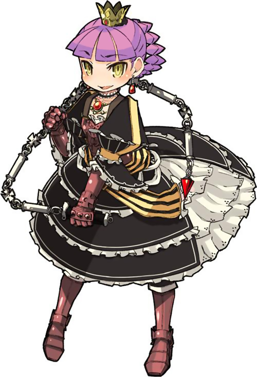 1girl 7th_dragon 7th_dragon_(series) :d alusha_(7th_dragon) armor blunt_bangs blush breastplate chain_whip choker cross crown dress earrings female_focus flat_chest frilled_dress frills full_body gauntlets greaves hair_bun holding iron_cross jewelry lace looking_at_viewer mini_crown mota necklace no_nose official_art open_mouth over_shoulder pendant petticoat princess_(7th_dragon) puffy_sleeves purple_hair short_hair simple_background single_hair_bun smile solo standing weapon weapon_over_shoulder white_background wide_sleeves yellow_eyes yellow_theme
