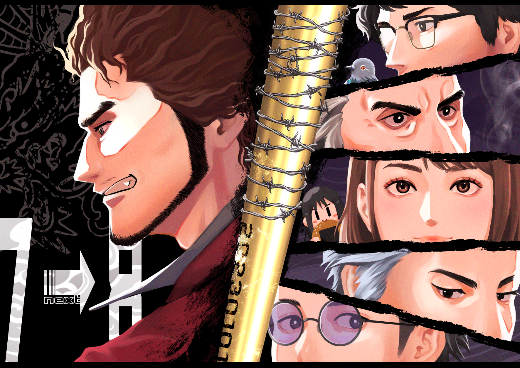 2girls adachi_koichi barbed_wire baseball_bat bird food glasses han_joon-gi highres kamataki_eri kasuga_ichiban male_focus mukoda_saeko multiple_boys multiple_girls nanba_yu pigeon ryuu_ga_gotoku_(series) ryuu_ga_gotoku_7 senbei sunglasses suzuri_(artist) undercut white_hair zhao_tianyou