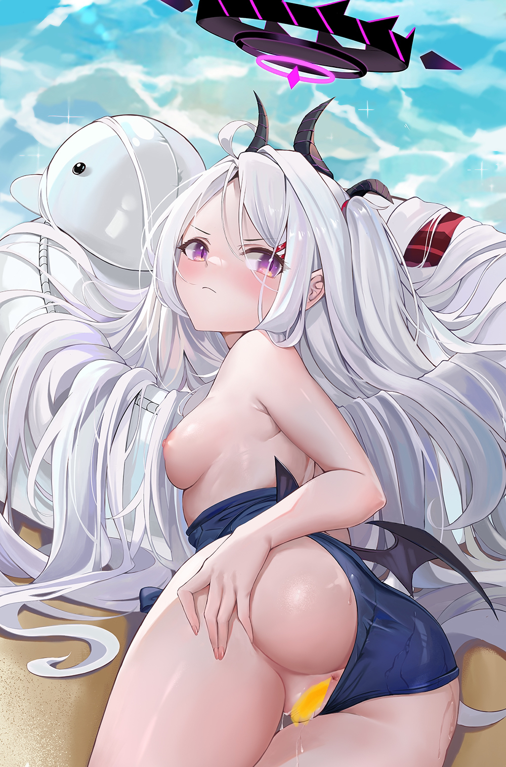 1girl ahoge anus armpit_crease ass beach black_horns black_wings blue_archive blue_one-piece_swimsuit blush breasts breasts_out cameltoe closed_mouth clothes_pull clothing_aside cowboy_shot demon_horns demon_wings douya_(yaomiaomiao) from_above frown gradient_eyes hair_between_eyes hair_ornament hair_spread_out hairclip halo hand_on_own_thigh highres hina_(blue_archive) hina_(swimsuit)_(blue_archive) horns innertube long_hair looking_at_viewer low_wings lying multicolored_eyes multiple_horns nipples official_alternate_costume one-piece_swimsuit one-piece_swimsuit_pull parted_bangs partially_visible_vulva petal_censor purple_eyes pussy_juice sand shiny_clothes shiny_skin sidelocks small_breasts solo sparkle swim_ring swimsuit swimsuit_aside thighs topless_female v-shaped_eyebrows very_long_hair water wet white_hair wings