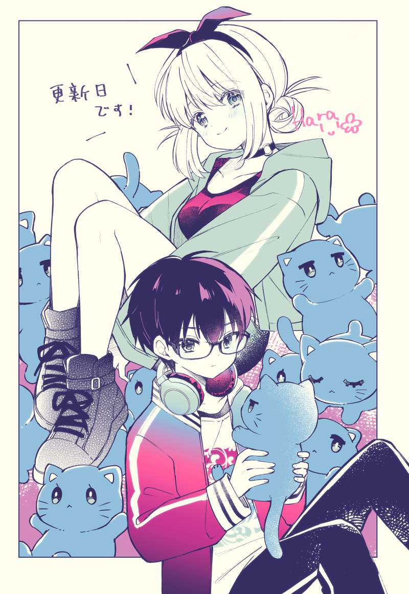 1boy 1girl black-framed_eyewear black_choker black_hair black_pants blue_cat blue_track_jacket breasts cat choker collarbone commentary_request expressionless fashion gradient_clothes gradient_jacket green_track_suit hair_between_eyes hara_yui headphones headphones_around_neck hotaka_koichi jacket knees_up long_sleeves looking_at_viewer majo_wa_mangetsu_ni_saku matching_outfits medium_breasts medium_eyebrows minato_shima o-ring o-ring_choker official_art pants pink_track_suit shirt short_hair sidelocks simple_background smile spot_color too_many too_many_cats track_jacket track_pants track_suit translation_request white_background white_shirt white_sleeve_cuffs
