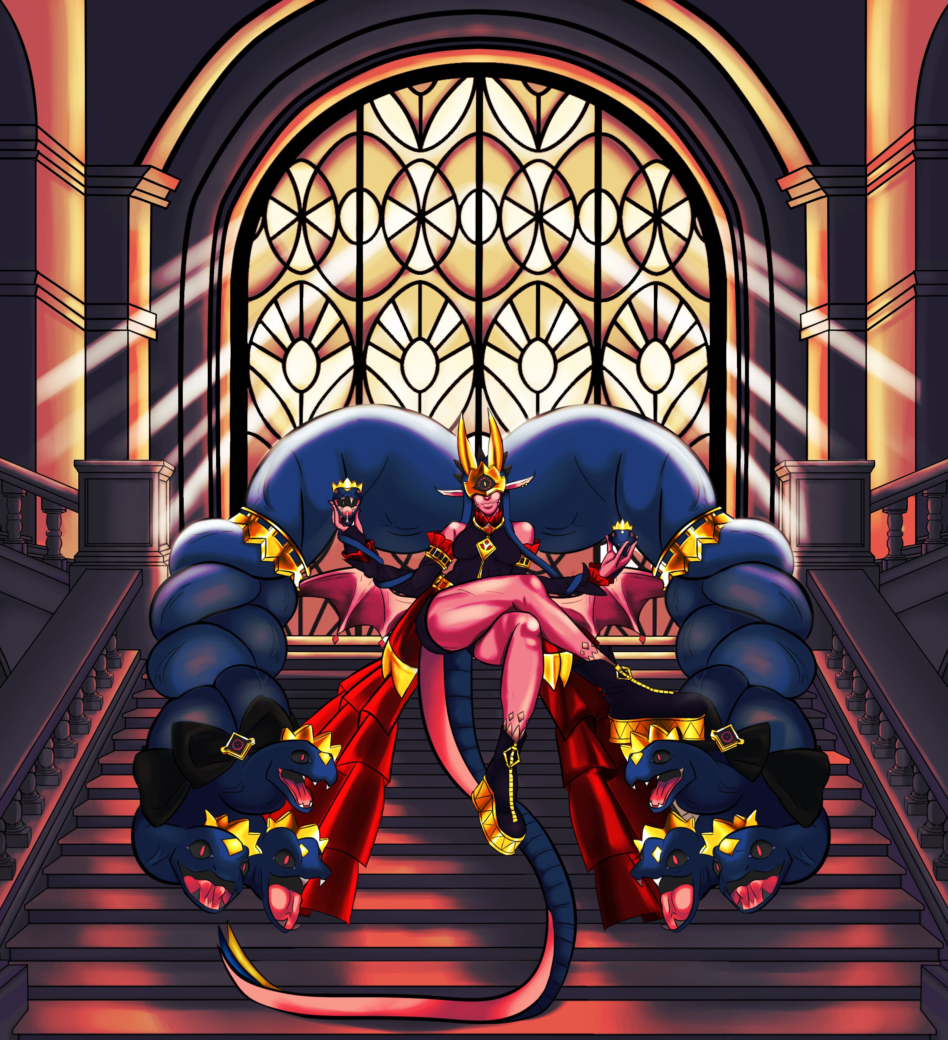absurdres boots crown digimon digimon_(creature) dracodelamancha earrings highres jewelry looking_at_viewer mask medusamon open_mouth sharp_teeth sitting smile snake snake_hair stairs tail teeth