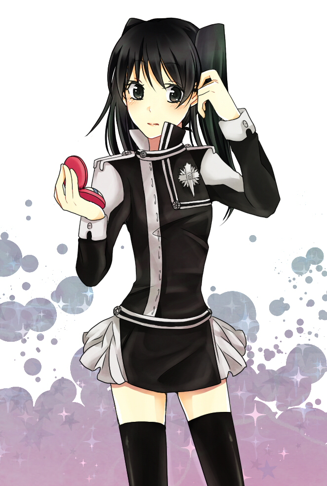 1girl belt black_eyes black_hair black_jacket black_order_uniform black_skirt black_thighhighs blush collared_jacket colorful_background compact_(cosmetics) cosmetics cross d.gray-man emblem feet_out_of_frame grey_background hair_between_eyes hand_in_own_hair holding_compact jacket kiito lenalee_lee lipgloss long_hair looking_at_viewer looking_to_the_side miniskirt paint_splatter pink_background pleated_skirt sidelocks skirt solo sparkle splatter striped_clothes striped_jacket striped_skirt thighhighs thighs twintails vertical-striped_clothes vertical-striped_jacket vertical-striped_skirt white_background zettai_ryouiki