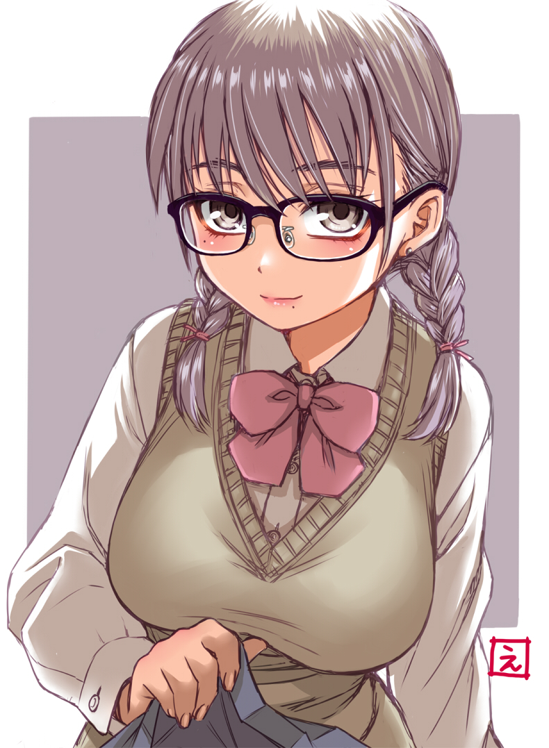 1girl artist_logo blazer blush border bow bowtie braid breasts brown_eyes brown_vest buttons clothes_lift collared_shirt earrings ebifly jacket jewelry large_breasts lifting_own_clothes logo long_hair looking_at_viewer low_twin_braids mole mole_under_eye mole_under_mouth original purple_background purple_hair red_bow red_bowtie school_uniform shirt sidelocks simple_background single_earring skirt skirt_lift smile solo sweater_vest twin_braids upper_body vest white_border white_shirt