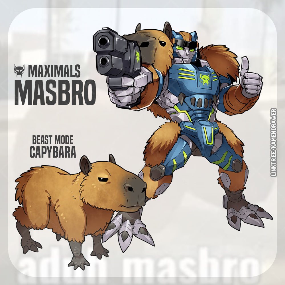ashmish beast_wars black_eyes capybara character_name green_eyes gun holding holding_gun holding_weapon looking_at_viewer maximal mecha no_humans original robot science_fiction smile standing thumbs_up transformers watermark weapon web_address