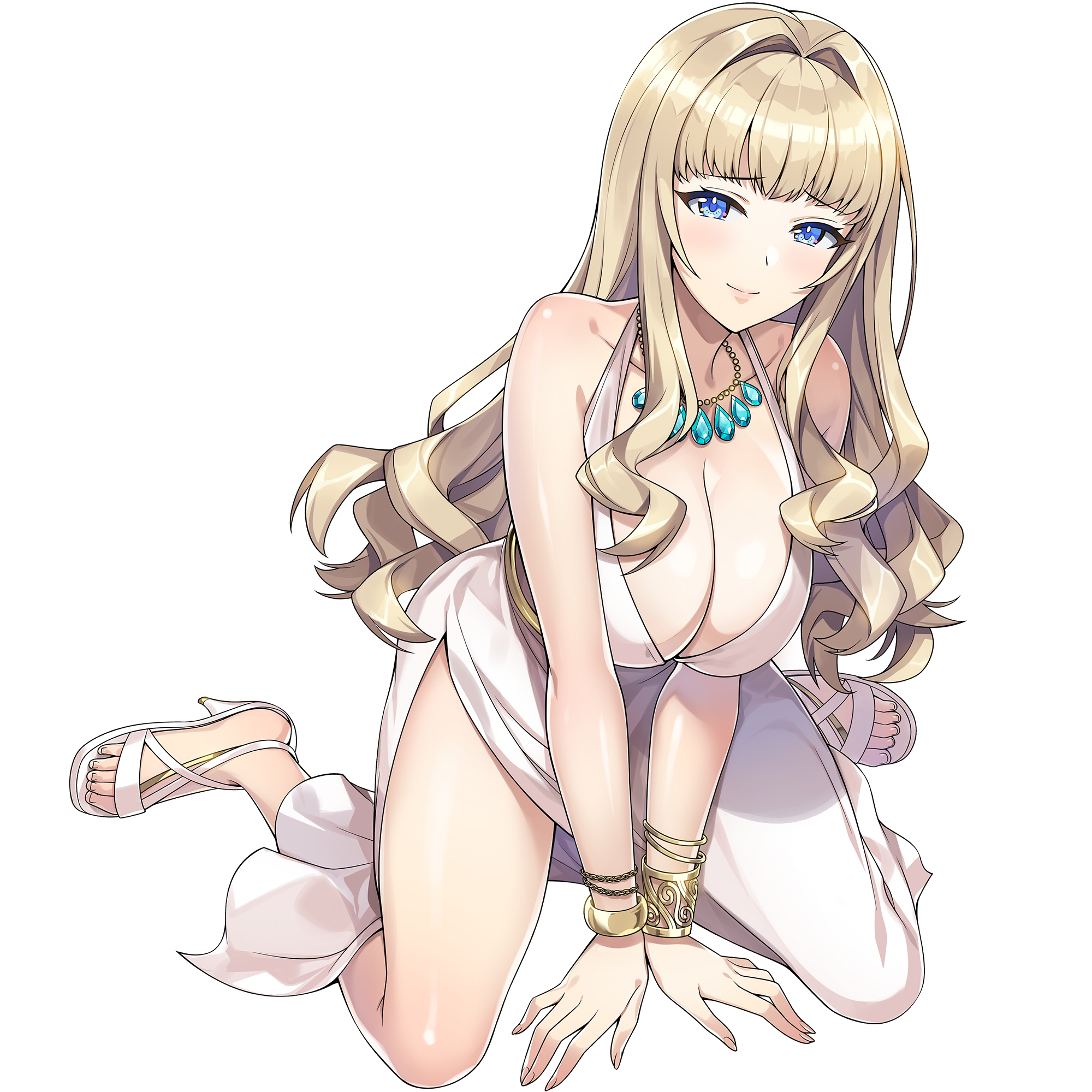 1girl blonde_hair blue_eyes bracelet breasts cleavage closed_mouth diamond_necklace dolphin_wave dress game_cg gold_bracelet hair_intakes hands_on_floor high_heel_sandals highres jewelry kirahoshi_kanna large_breasts leaning_forward long_hair looking_at_viewer non-web_source official_alternate_costume official_art ootomo_takuji side_slit sitting smile solo transparent_background wariza wavy_hair white_dress
