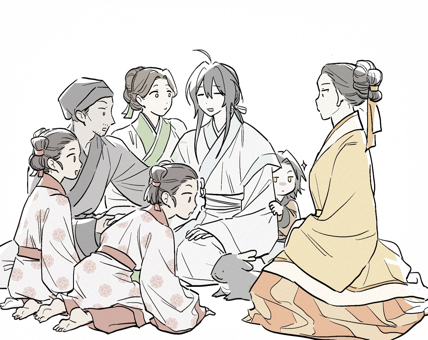 3girls 4boys ahoge bakku_(fspz4427) barefoot beard_stubble black_hair brown_hair chinese_clothes closed_eyes closed_mouth clothes_grab dragon eastern_dragon facial_hair full_body green_ribbon grey_hanfu hair_bun hair_ribbon hand_on_own_knee hanfu hiding hiding_behind_another jinhongi korean_commentary long_sleeves looking_at_animal looking_at_another low_ponytail multiple_boys multiple_girls mustache_stubble oni_(jinhongi) open_mouth ponytail raised_eyebrow red_sash ribbon sash seol_young shuangyaji siblings simple_background sitting sparkle stubble twins white_background white_hanfu white_ribbon white_sash wide_sleeves yellow_eyes yellow_hanfu yellow_ribbon zaha_(hwanja) zhijupao