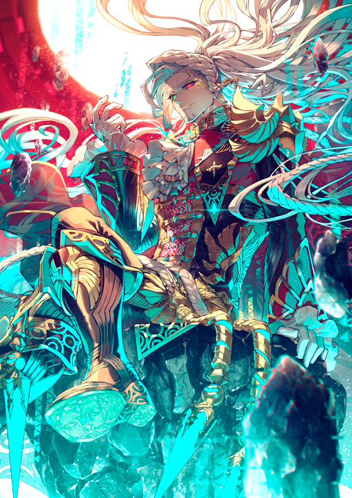 1boy alessandro_di_cagliostro_(fate) arm_support ascot black_pants boots braid cracked_skin crossed_legs facial_hair fate/grand_order fate_(series) floating_hair frilled_sleeves frills game_cg goatee green_eyes hand_up heterochromia high_collar lapels looking_at_viewer male_focus official_art pants parted_lips red_background red_eyes routo sitting smile solo third-party_source variant_set white_ascot white_hair