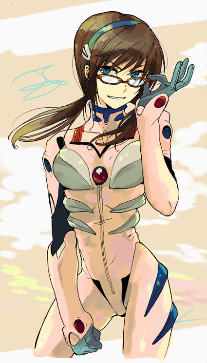 acm blue_eyes brown_hair glasses grin hairband makinami_mari_illustrious mecha_pilot_suit neon_genesis_evangelion plugsuit_(evangelion) rebuild_of_evangelion smile solo