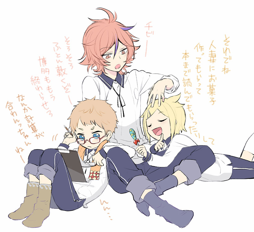 10s 3boys blonde_hair blue_eyes brown_eyes brown_hair candy closed_eyes food glasses gotou_toushirou hakata_toushirou houchou_toushirou kuronomine lollipop lying male_focus multiple_boys notepad on_stomach open_mouth pen red-framed_eyewear sitting smile touken_ranbu translation_request