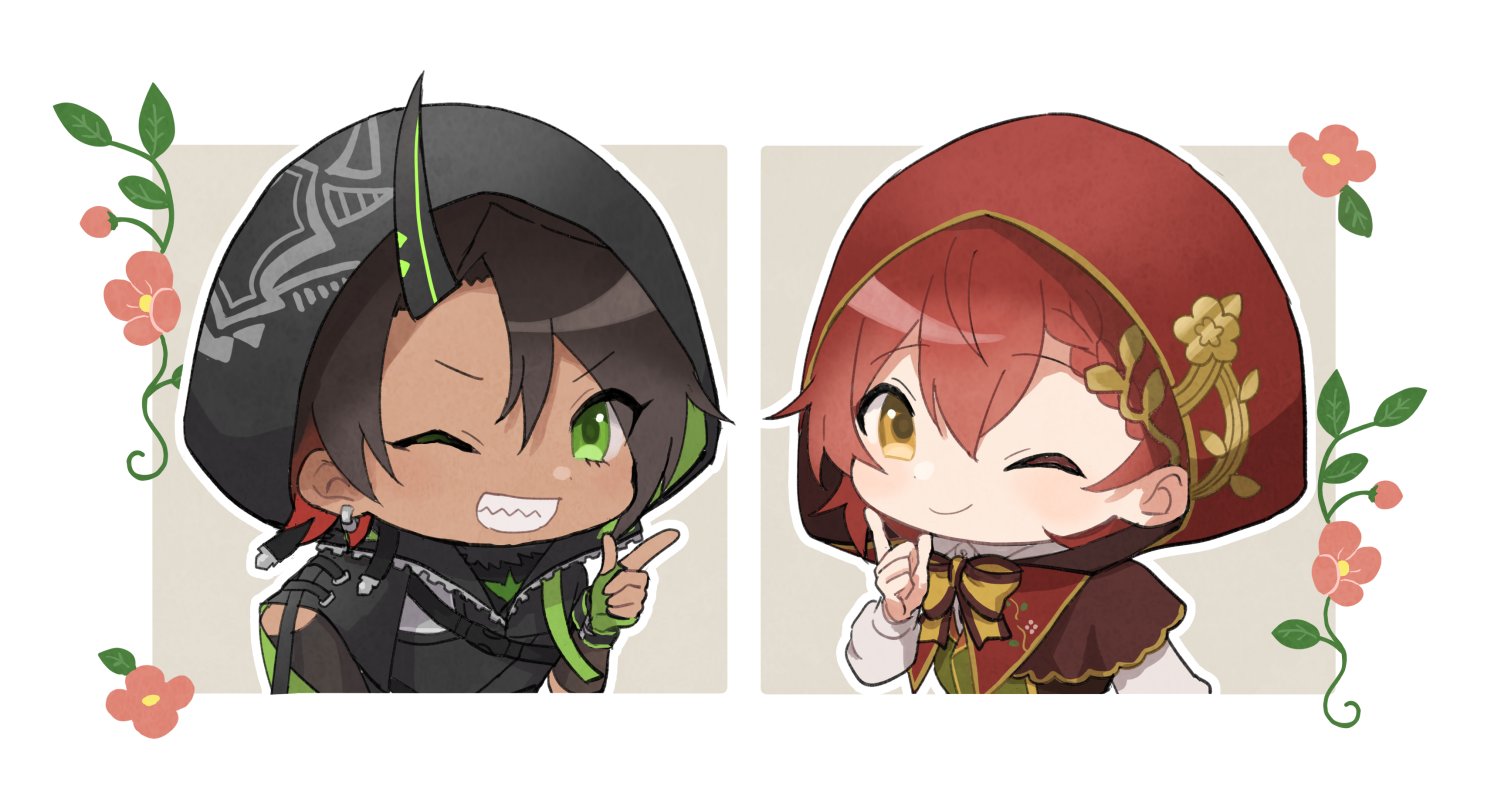 2boys aragami_oga black_capelet black_hair black_jacket blouse bow braid braided_bangs brown_capelet capelet chibi collared_shirt dark-skinned_male dark_skin earrings finger_to_cheek fingerless_gloves flower fur_trim gloves gold_trim green_eyes green_gloves green_vest grin hair_between_eyes hair_ornament hanasaki_miyabi hanasaki_miyabi_(5th_costume) holostars hood hood_up hooded_capelet hooded_jacket horns index_finger_raised jacket jewelry leaf_hair_ornament light_blush looking_at_viewer male_focus mioto_(tsubsq_m) multicolored_hair multiple_boys official_alternate_costume one_eye_closed outline pink_flower red_hair red_hood sharp_teeth shirt short_hair side_cape single_horn smile streaked_hair teeth upper_body v-shaped_eyebrows vest virtual_youtuber white_background white_outline white_shirt yellow_bow yellow_eyes zipper