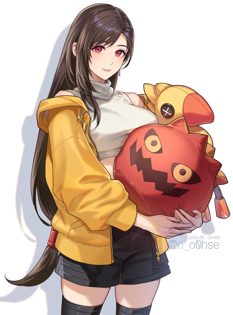 1girl alternate_costume artist_name bare_shoulders black_hair black_shorts black_thighhighs bomb_(final_fantasy) breasts brown_hair casual chocobo commentary_request cowboy_shot cropped_sweater dated drop_shadow earrings final_fantasy final_fantasy_vii final_fantasy_vii_rebirth final_fantasy_vii_remake highres holding holding_stuffed_toy hood hoodie jewelry large_breasts light_blush lips long_hair looking_at_viewer low-tied_long_hair midriff ohse open_clothes open_hoodie parted_lips pink_lips red_eyes shorts single_earring single_sidelock sleeveless sleeveless_turtleneck solo stuffed_toy sweater swept_bangs thighhighs tifa_lockhart turtleneck turtleneck_sweater twitter_username very_long_hair white_background yellow_hoodie