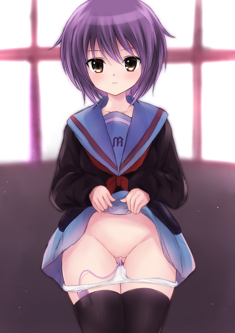 1girl black_thighhighs blue_sailor_collar blue_skirt brown_cardigan brown_eyes cardigan closed_mouth clothes_lift collarbone commentary_request egg_vibrator expressionless female_masturbation kaze_(kaze_kaza) kita_high_school_uniform lifting_own_clothes long_sleeves looking_at_viewer masturbation nagato_yuki neckerchief panties panty_pull purple_hair pussy red_neckerchief red_ribbon ribbon sailor_collar school_uniform serafuku sex_toy short_hair skirt skirt_lift solo suzumiya_haruhi_no_yuuutsu thighhighs underwear vibrator white_panties zettai_ryouiki