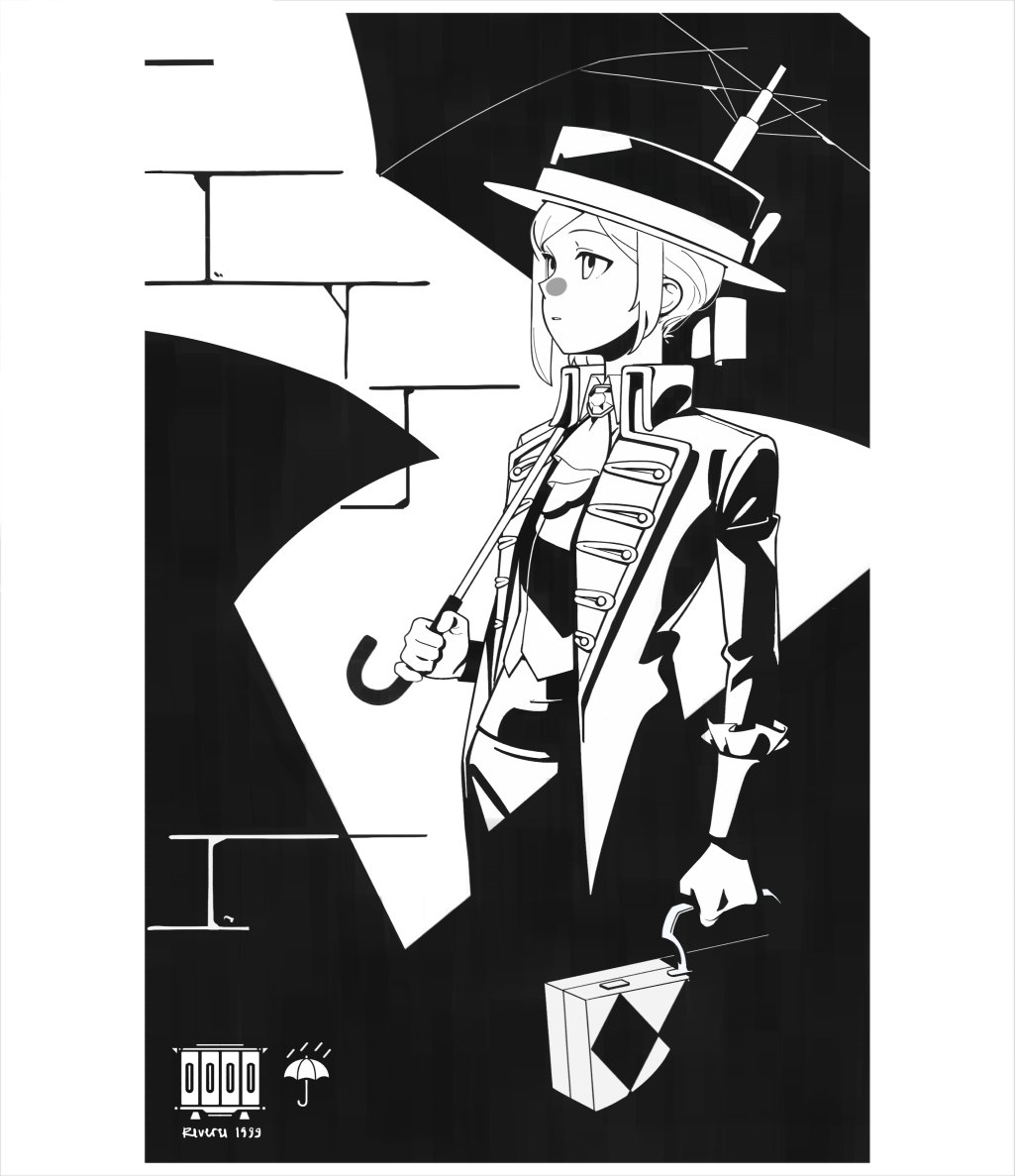 1girl ascot boater_hat bow brick_wall collared_shirt copyright_name cowboy_shot greyscale hat hat_bow holding holding_suitcase holding_umbrella jacket monochrome pants profile reverse:1999 shadow shiogaki shirt short_hair solo suitcase umbrella umbrella_over_shoulder vertin_(reverse:1999) vest waistcoat