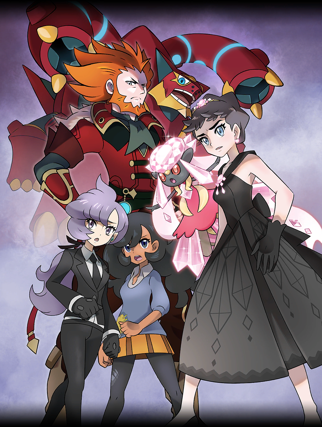 1boy 3girls alternate_color alternate_costume anabel_(pokemon) ariga_hitoshi beard black_dress black_gloves black_necktie black_pants black_shirt black_suit blue_eyes blue_shirt dark-skinned_female dark_skin diancie diantha_(pokemon) diantha_(sygna_suit)_(pokemon) dress earrings emma_(pokemon) facial_hair formal_clothes gem gen_6_pokemon gloves grey_hair highres jewelry legendary_pokemon long_hair lysandre_(pokemon) lysandre_(sygna_suit)_(pokemon) mega_diancie mega_pokemon multiple_girls mythical_pokemon necktie nintendo official_alternate_color official_alternate_costume official_art open_mouth orange_hair orange_shirt pants pink_gemstone pokemon pokemon_(creature) pokemon_masters_ex pokemon_sm pokemon_xy ponytail purple_eyes purple_hair red_eyes red_shirt shiny_pokemon shirt short_hair suit volcanion