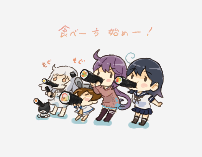 1other 4girls abyssal_ship ahoge akebono_(kancolle) akebono_kai_ni_(setsubun)_(kancolle) aran_sweater baby black_hair black_thighhighs blue_sailor_collar blue_skirt brown_sweater cable_knit character_request commentary_request dress eating ehoumaki food kantai_collection long_hair makizushi multiple_girls northern_little_sister pleated_skirt purple_eyes saiguchi_otoufu sailor_collar sailor_shirt shirt side_ponytail simple_background skirt sushi sweater sweater_dress thighhighs translation_request ushio_(kancolle) white_background yukikaze_(kancolle)