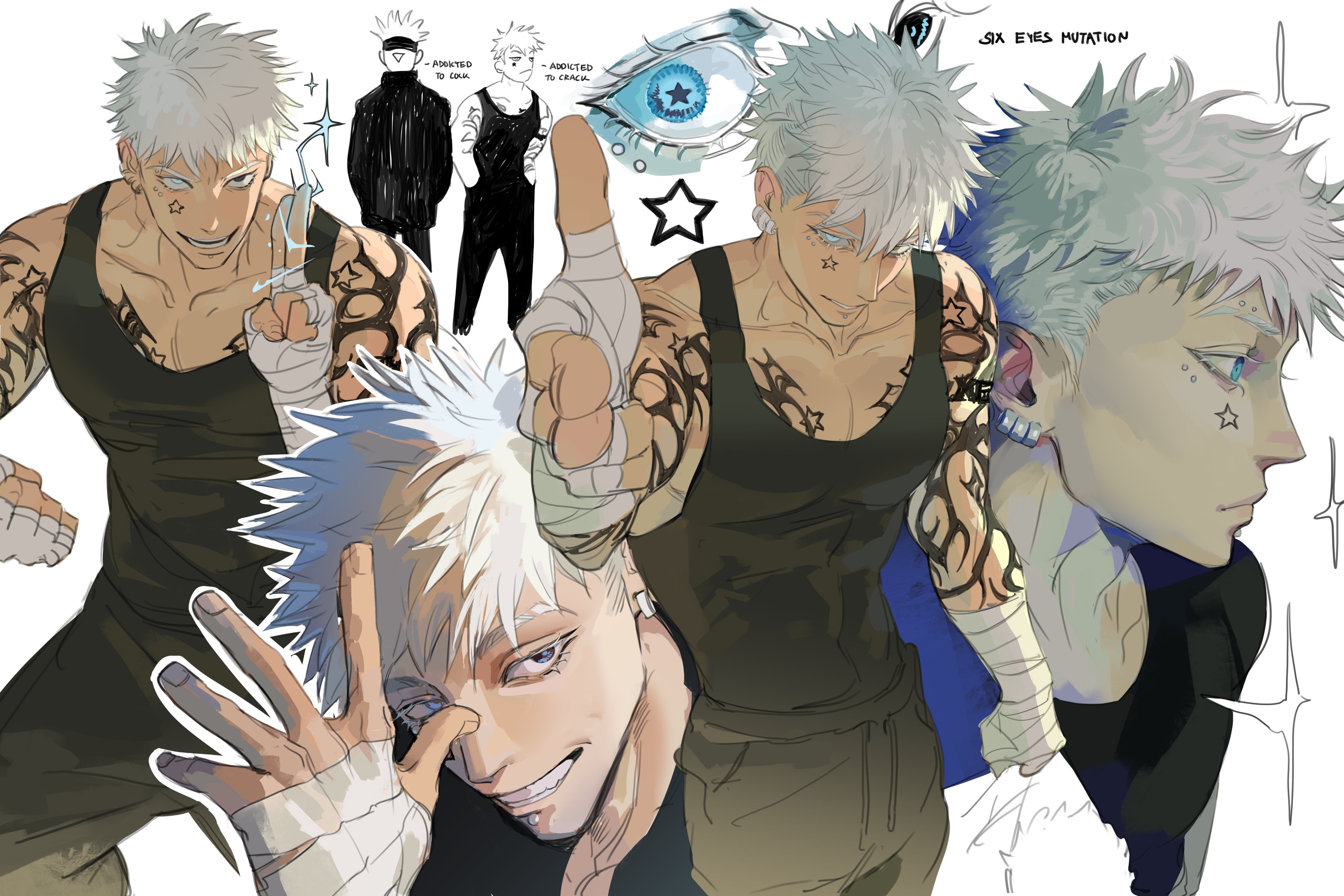 1boy absurdres aiming aiming_at_viewer alternate_costume anti-eyebrow_piercing arm_tattoo bandaged_arm bandaged_hand bandages black_pants black_tank_top blue_eyes chest_tattoo cowboy_shot ear_piercing eyebrow_piercing face_piercing finger_gun from_side gojou_satoru highres iba_(kcokaine) jujutsu_kaisen labret_piercing looking_at_viewer male_focus muscular muscular_male pants piercing short_hair simple_background sketch smile solo star_(symbol) symbol-shaped_pupils tank_top tattoo teeth white_background white_hair