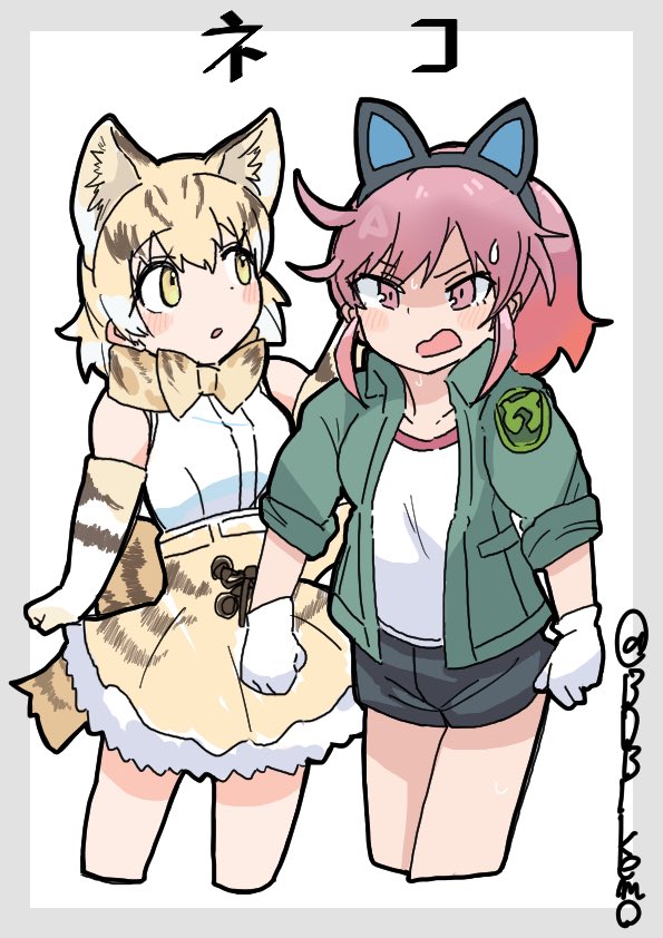 2girls animal_ears animal_print b0b_kemo back_bow bare_shoulders black_shorts blonde_hair blush bow bowtie cat_ears cat_girl cat_tail collared_jacket elbow_gloves extra_ears fake_animal_ears frilled_skirt frills gloves green_jacket high-waist_skirt jacket japari_symbol kemono_friends multiple_girls nana_(kemono_friends) pink_eyes pink_hair ponytail print_bow print_bowtie print_gloves print_skirt sand_cat_(kemono_friends) shirt short_hair shorts sidelocks skirt sleeveless sleeves_rolled_up sweatdrop tail translated white_shirt yellow_eyes