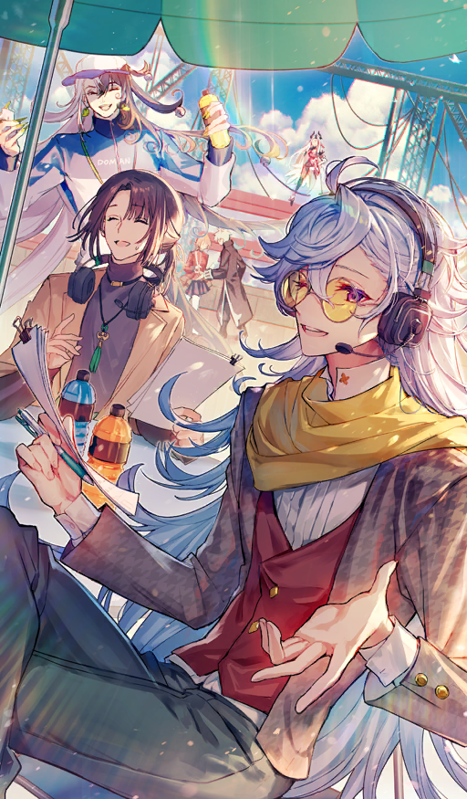 2girls 4boys :d ;d ahoge ashiya_douman_(commentator_of_flowers)_(fate) ashiya_douman_(fate) baseball_cap bell binder_clip black_hair blazer blue_jacket blue_sky bottle brown_hair brown_jacket chaldea_yousei_kishi_hai character_name charles-henri_sanson_(fate) closed_eyes cloud collared_shirt commentary crossed_legs day earrings fate/grand_order fate_(series) fingernails florence_nightingale_(fate) green_nails grey_shirt hair_bell hair_ornament hands_up hat headphones headphones_around_neck headset high_collar holding holding_bottle holding_paper jacket jewelry jingle_bell kiichi_hogen_(fate) lapels lens_flare long_fingernails long_hair long_sleeves looking_at_viewer low_ponytail magatama magatama_earrings male_focus mebaru merlin_(commentator_of_flowers)_(fate) merlin_(fate) multicolored_hair multicolored_jacket multiple_boys multiple_girls notched_lapels official_art one_eye_closed open_clothes open_jacket open_mouth outdoors paper paper_stack parted_bangs patio_umbrella pendant ponytail red_vest scarf shirt sitting sky small_sweatdrop smile stage standing sun sunlight taigong_wang_(commentator_of_flowers)_(fate) taigong_wang_(fate) teeth third-party_source track_jacket turtleneck two-tone_hair two-tone_jacket umbrella upper_teeth_only very_long_hair vest white_hair white_jacket white_shirt yellow_scarf