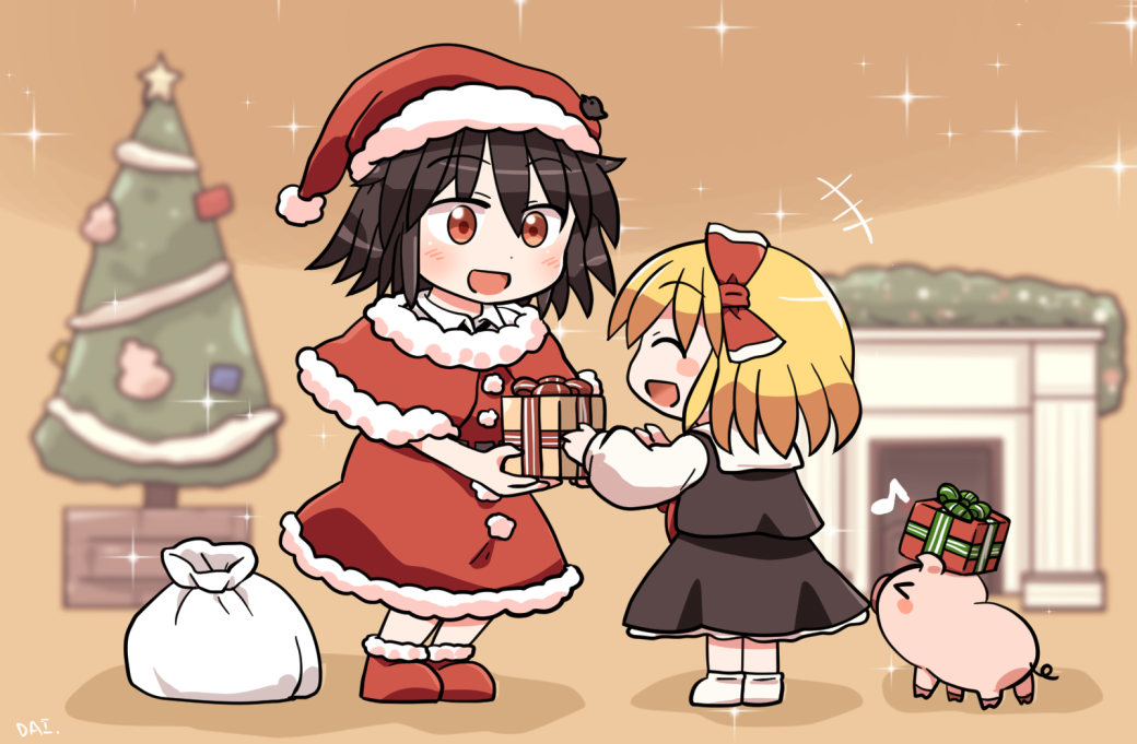 +++ 2girls :d ^_^ black_hair black_skirt black_vest blonde_hair blush blush_stickers christmas_tree closed_eyes commentary_request dress eighth_note facing_another frilled_skirt frills full_body fur-trimmed_dress fur-trimmed_headwear fur_trim gift hair_ribbon hat holding holding_gift long_sleeves looking_at_another multiple_girls musical_note open_mouth pig red_dress red_footwear red_hat red_ribbon ribbon rokugou_daisuke rumia sack santa_costume santa_dress santa_hat shameimaru_aya shirt shoes short_hair signature skirt skirt_set smile socks sparkle standing touhou vest white_bag white_shirt white_socks