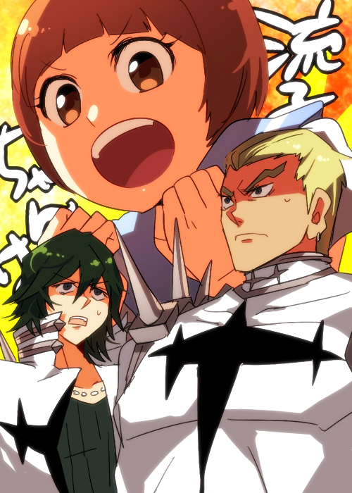 10s 1girl 2boys bad_id bad_pixiv_id blonde_hair blue_sailor_collar brown_eyes brown_hair gamagoori_ira green_eyes green_hair jewelry kill_la_kill mankanshoku_mako mojya multiple_boys necklace sailor_collar sanageyama_uzu school_uniform smile