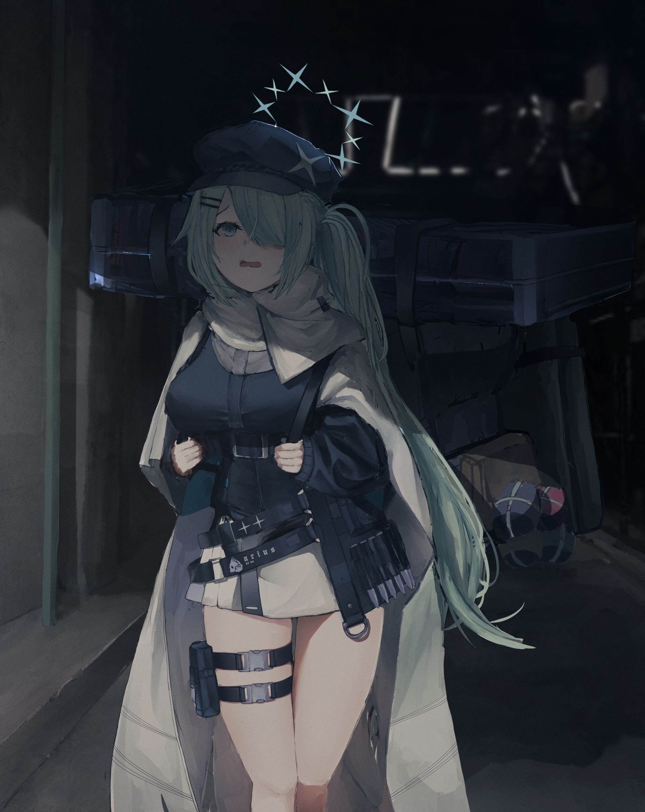 1girl absurdres bag black_bag black_jacket blue_archive cloak green_hair hair_over_one_eye highres hiyori_(blue_archive) holding holding_bag jacket kyatto-mikazu long_hair looking_up open_mouth scarf shaded_face side_ponytail sidelocks skirt thigh_strap white_cloak white_scarf white_skirt