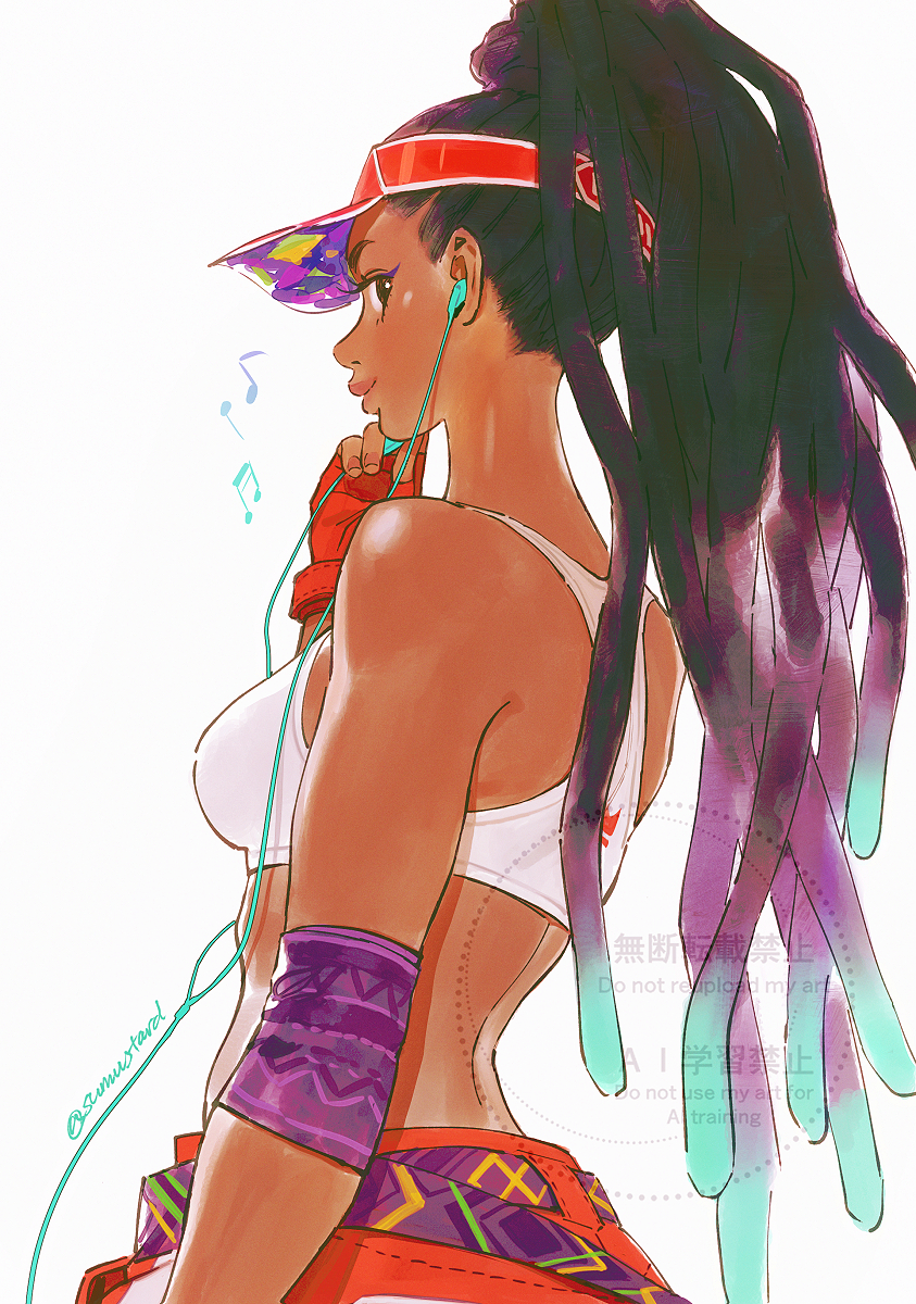 1girl aqua_hair armband back black_hair colored_tips dreadlocks earbuds earphones fingerless_gloves gloves gradient_hair highres kimberly_jackson looking_at_viewer looking_back multicolored_hair musical_note official_alternate_costume official_alternate_hairstyle smile solo street_fighter street_fighter_6 sumustard upper_body visor_cap