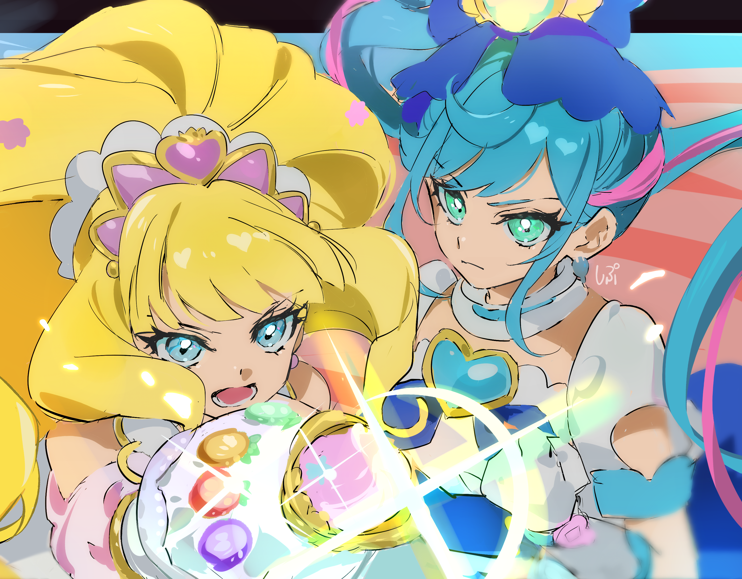 2girls absurdres aqua_eyes aqua_hair big_hair blonde_hair blue_bow blue_bowtie blue_brooch blue_choker blue_corset blue_eyes blue_skirt blunt_bangs bow bowtie brooch choker clenched_hand closed_mouth clothing_cutout collared_dress corset cowboy_shot cure_finale cure_spicy delicious_party_precure determined dress earrings eyelashes floating_hair frilled_choker frills frown fuwa_kokone gloves hair_bow hair_ornament hat_ornament heart heart_brooch heart_hat_ornament high_side_ponytail highres holding holding_weapon incoming_attack jewelry kasai_amane looking_ahead looking_at_another lower_teeth_only magical_girl multicolored_hair multiple_girls open_mouth pink_hair pink_sleeves precure puffy_short_sleeves puffy_sleeves shipu_(gassyumaron) shirt short_sleeves shoulder_cutout signature skirt sparkle sphere_earrings streaked_hair teeth tiara tsurime two-tone_hair upper_body watch weapon white_dress white_gloves white_shirt wristwatch