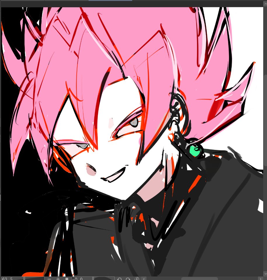 1boy art_program_in_frame black_bodysuit bodysuit dougi dragon_ball dragon_ball_super earrings goku_black grey_eyes grin jewelry long_sleeves looking_at_viewer pink_hair potara_earrings saiyan smile smirk solo spiked_hair super_saiyan super_saiyan_rose teeth yorusaki_777
