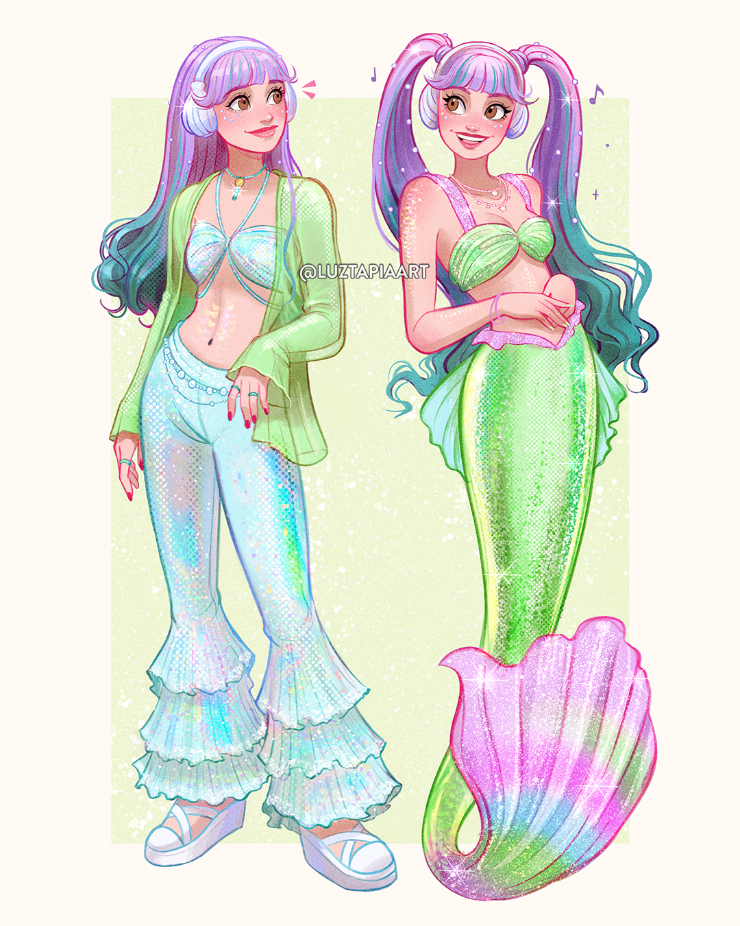 2girls artist_name bell-bottoms blue_bra blue_pants bra brown_eyes gradient_hair green_bra green_hair green_shirt highres jewelry lila_(luztapiaart) long_hair looking_at_another luztapiaart mermaid monster_girl multicolored_hair multiple_girls navel open_clothes open_shirt original pants purple_hair red_nails ring shirt shoes twintails underwear watermark white_shoes