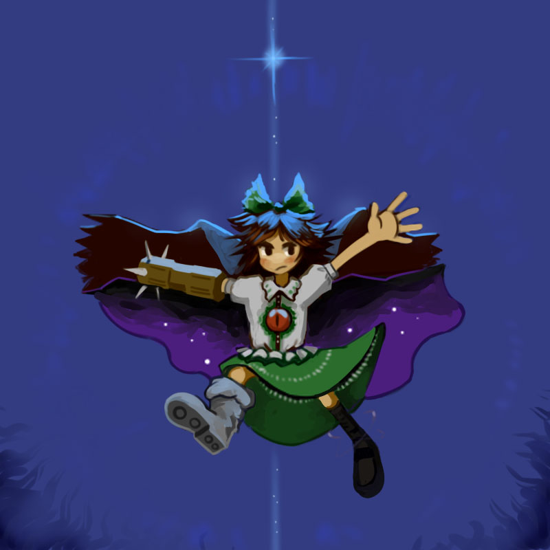 1girl arm_cannon asymmetrical_footwear asymmetrical_legwear black_hair blue_background blush bow cape female_focus hair_bow maku_(artist) maku_(wasabishock) mismatched_footwear night outstretched_hand radiation reiuji_utsuho solo touhou uneven_legwear weapon