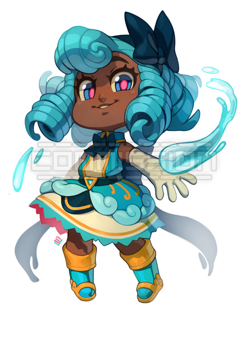 1girl blue_boots blue_eyes blue_hair boots bow chibi commission curly_hair dark-skinned_female dark_skin drill_hair elbow_gloves female_focus gloves magical_girl multicolored_eyes quad_drills sleepless_domain smile solo sora-mito undine_wells white_gloves