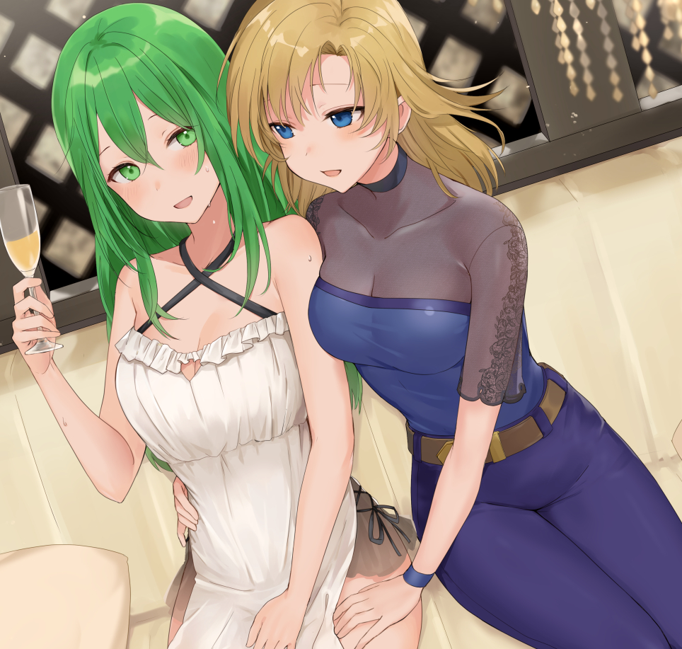 2girls :d alternate_costume blonde_hair blue_eyes breasts cleavage collarbone commentary_request criss-cross_halter dress dutch_angle fire_emblem fire_emblem:_path_of_radiance fire_emblem:_radiant_dawn green_eyes green_hair hair_down halterneck hand_on_another&#039;s_hip hand_on_another&#039;s_thigh haru_(nakajou-28) heather_(fire_emblem) long_hair medium_breasts multiple_girls nephenee_(fire_emblem) nintendo open_mouth pants partial_commentary purple_pants short_sleeves sitting smile straight_hair sweatdrop white_dress wristband yuri