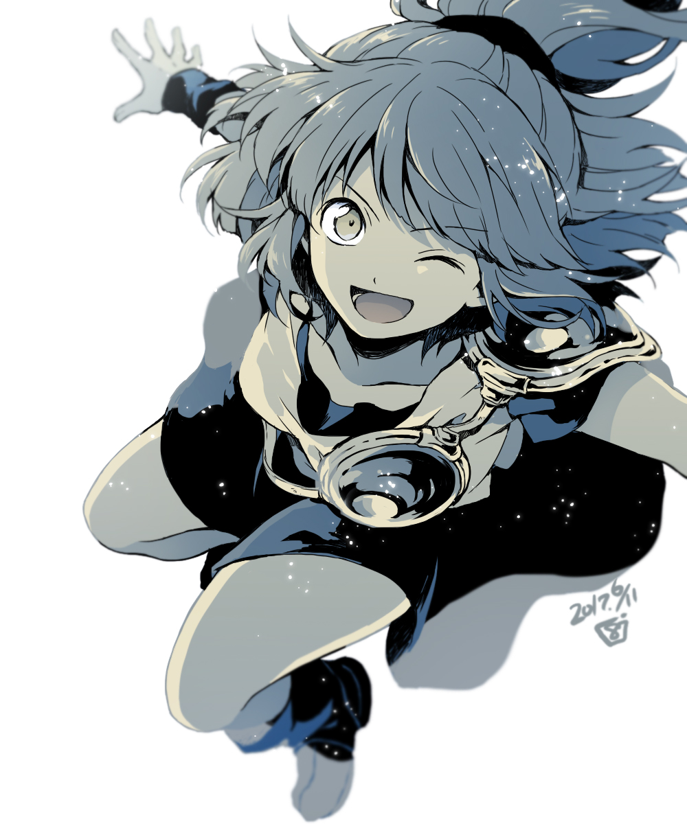 1girl arle_nadja armor breastplate collarbone dated hana_(mew) highres light_particles looking_at_viewer madou_monogatari monochrome one_eye_closed open_mouth ponytail puyopuyo short_hair simple_background skirt solo white_background wristband