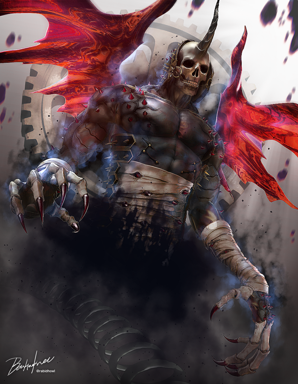 bandages claws duel_monster gears hanekura_bou highres horns mask mask_on_head portal_(object) signature single_horn skull sky_scourge_norleras solo spikes wings yu-gi-oh!