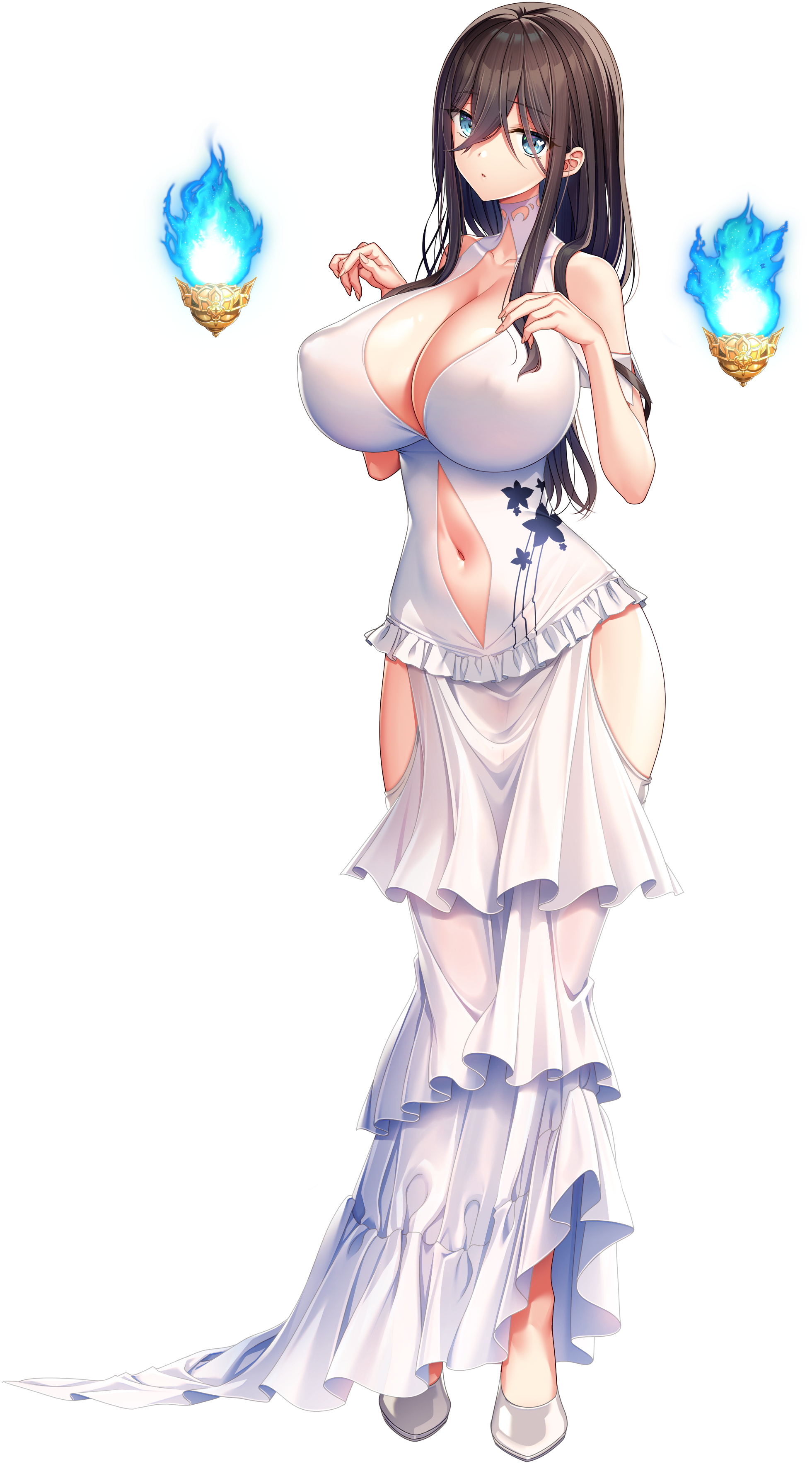 1girl absurdres akagi_rio anastasia_mysterante blue_eyes blue_fire breasts brown_hair cleavage cleavage_cutout closed_mouth clothing_cutout dress fire floral_print hair_between_eyes highres huge_breasts long_hair looking_at_viewer low_ponytail motto!_haramase!_honoo_no_oppai_isekai_oppai_maid_gakuen! navel_cutout official_art ponytail transparent_background white_dress