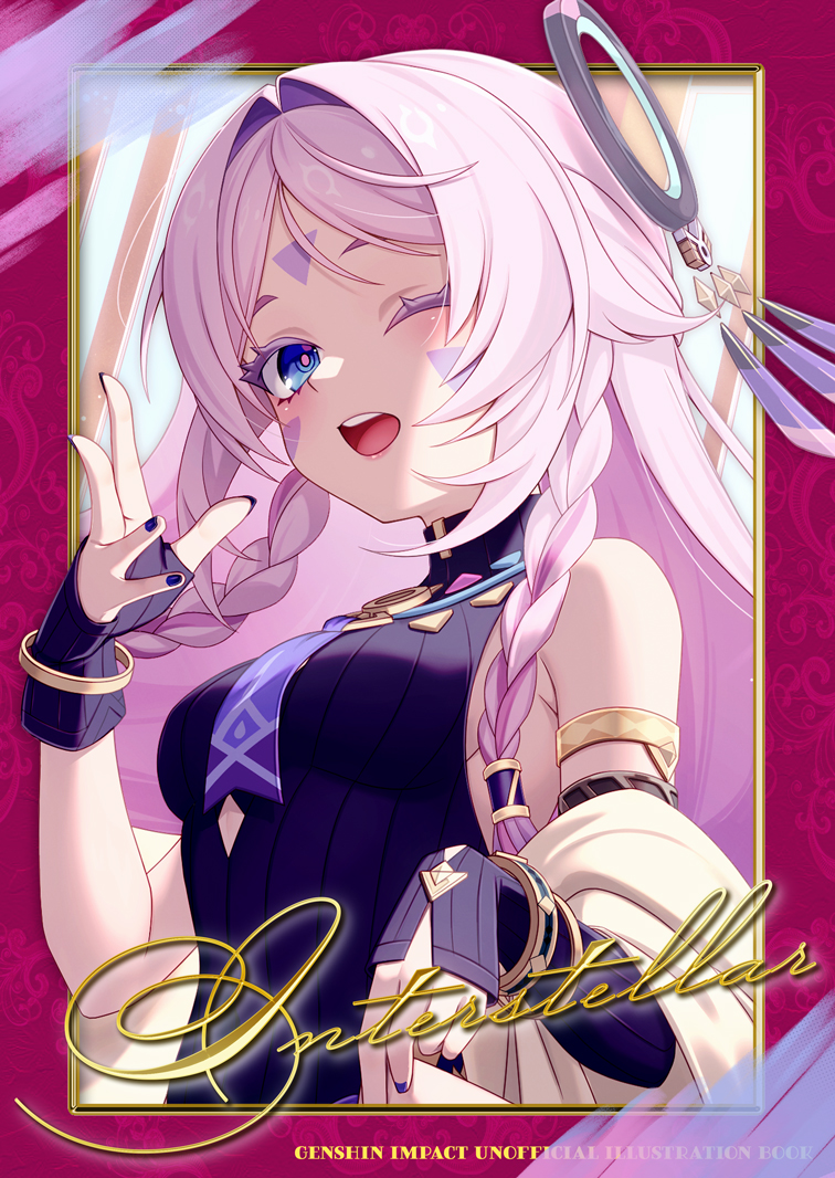 1girl armlet blue_eyes border bracelet braid breasts citlali_(genshin_impact) detached_sleeves feathers genshin_impact hair_ornament hand_up holding holding_weapon jewelry long_hair necktie one_eye_closed open_mouth pink_feathers pink_hair pink_pupils purple_border purple_feathers purple_nails purple_necktie purple_shirt shirt single_detached_sleeve sleeveless small_breasts solo twin_braids tyenka7728 weapon white_background