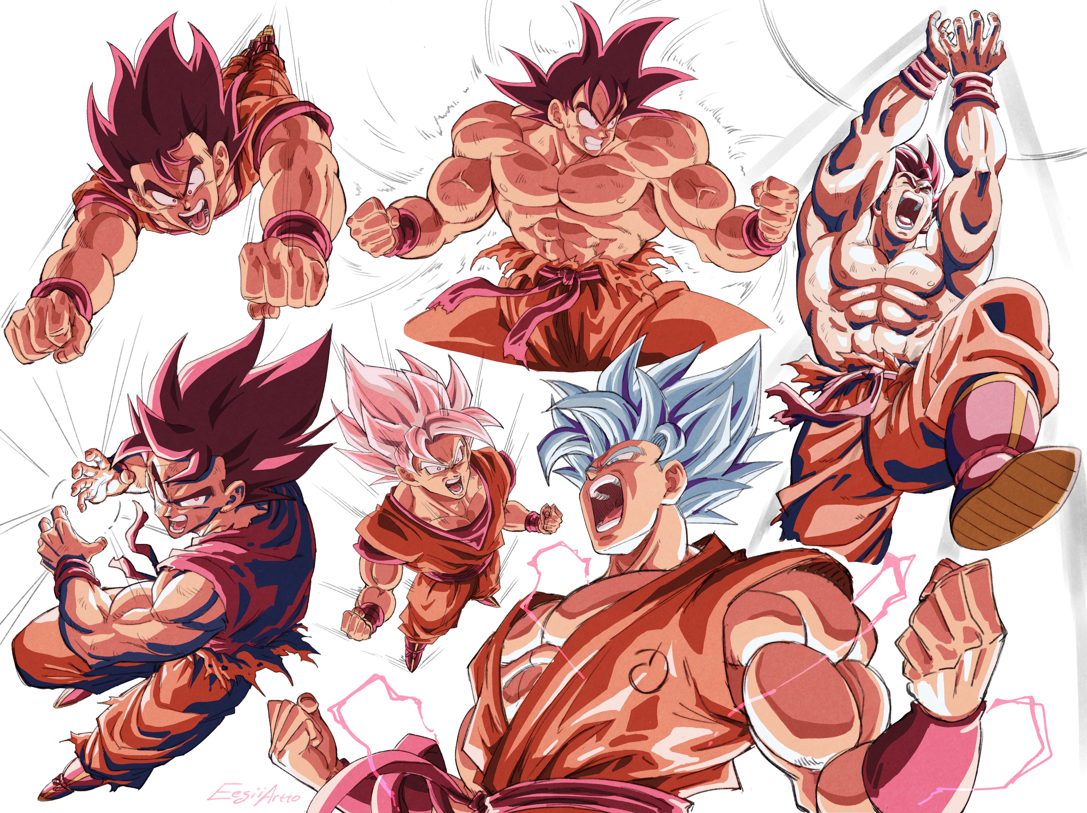 2boys abs absurdres clenched_hands clenched_teeth commentary dougi dragon_ball dragon_ball_super dragonball_z eegiiartto flying highres kamehameha_(dragon_ball) male_focus multiple_boys multiple_persona muscular muscular_male open_mouth son_goku super_saiyan super_saiyan_blue teeth topless_male
