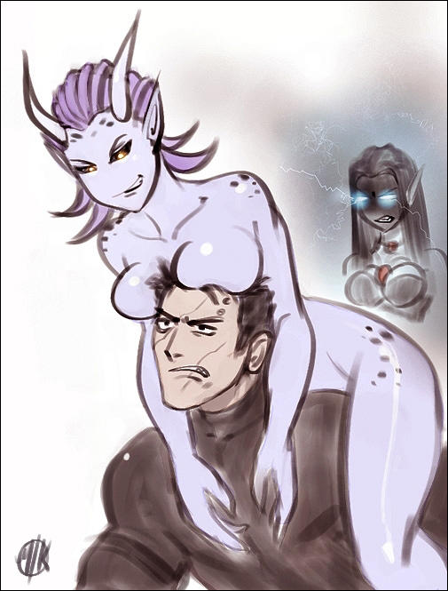 1boy 2girls breasts daemonette eldar farseer glowing love_can_bloom multiple_girls slaanesh taldeer vindicare warhammer_40k