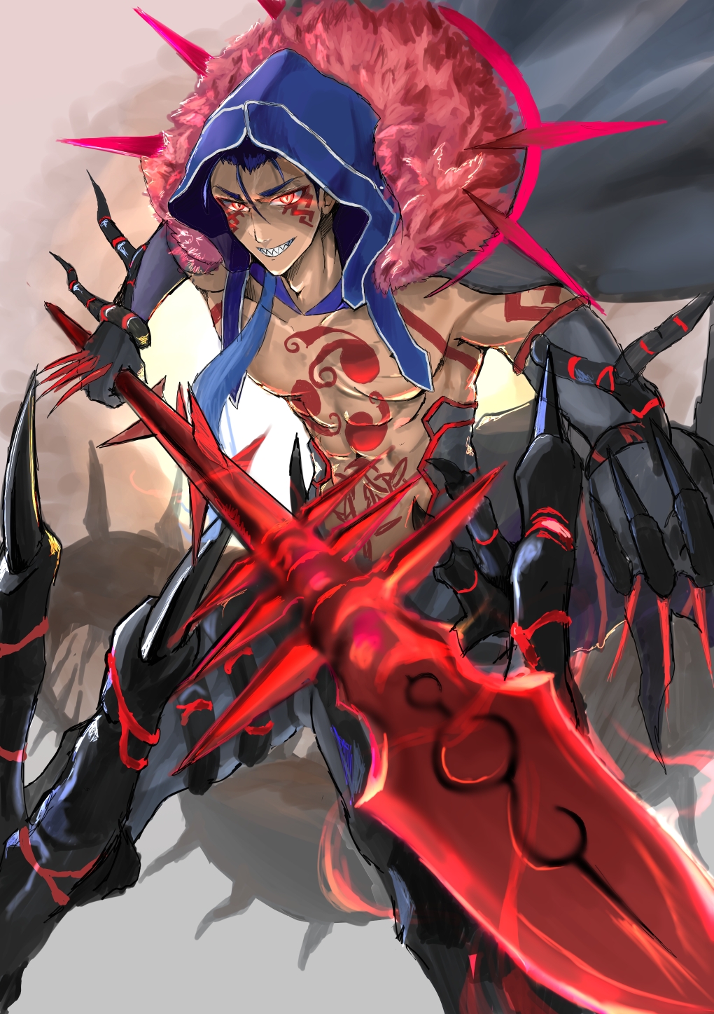 1boy arm_tattoo armpits black_bodysuit black_cape black_gloves blue_hair bodysuit cape chest_tattoo claws commentary cu_chulainn_(fate) cu_chulainn_alter_(fate) cu_chulainn_alter_(third_ascension)_(fate) elbow_gloves facial_tattoo fate/grand_order fate_(series) feet_out_of_frame fujibori gae_bolg_(fate) gloves glowing glowing_eyes grin hair_over_shoulder highres holding holding_polearm holding_weapon hood legs_apart long_hair looking_at_viewer male_focus monster_boy muscular muscular_male polearm red_eyes sharp_teeth smile solo spiked_tail spikes stomach_tattoo tail tattoo teeth topless_male weapon