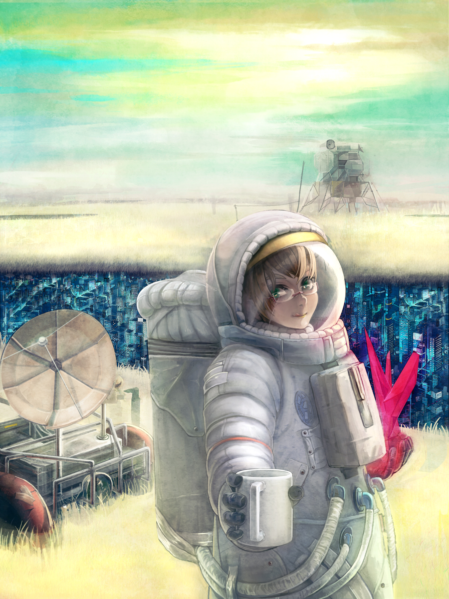 1girl apollo_lunar_module astronaut brown_hair cup giving glasses gloves green_eyes helmet highres holding kagawa_ichigo looking_at_viewer original smile solo space_helmet spacecraft spacesuit