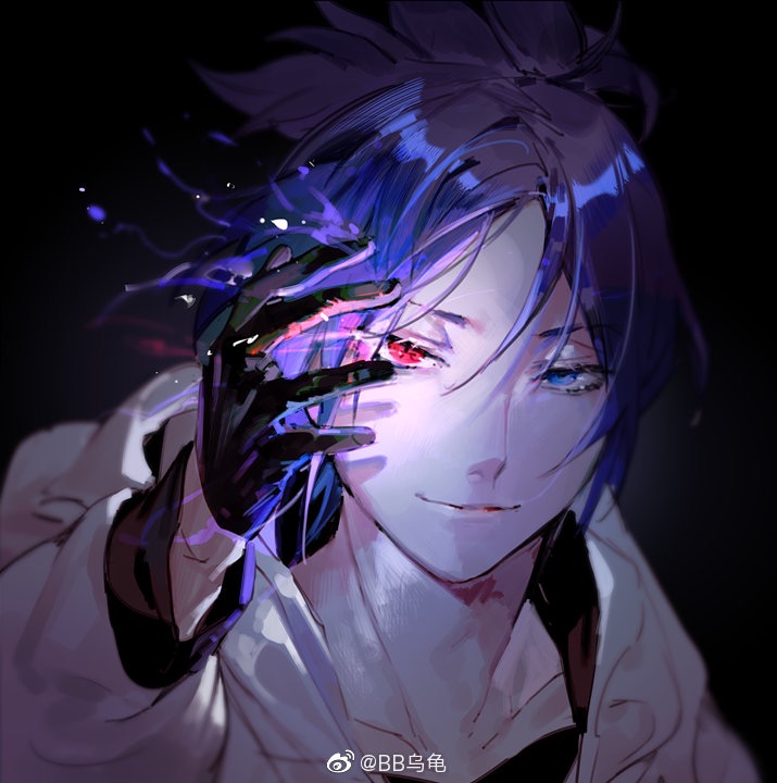 1boy artist_name black_background black_gloves blue_eyes blue_hair bokyo collarbone gloves glowing hair_between_eyes hand_up heterochromia hood hood_down hoodie jacket katekyo_hitman_reborn! long_sleeves looking_at_viewer male_focus parted_lips ponytail portrait red_eyes rokudou_mukuro simple_background smile solo upper_body watermark weibo_watermark white_jacket