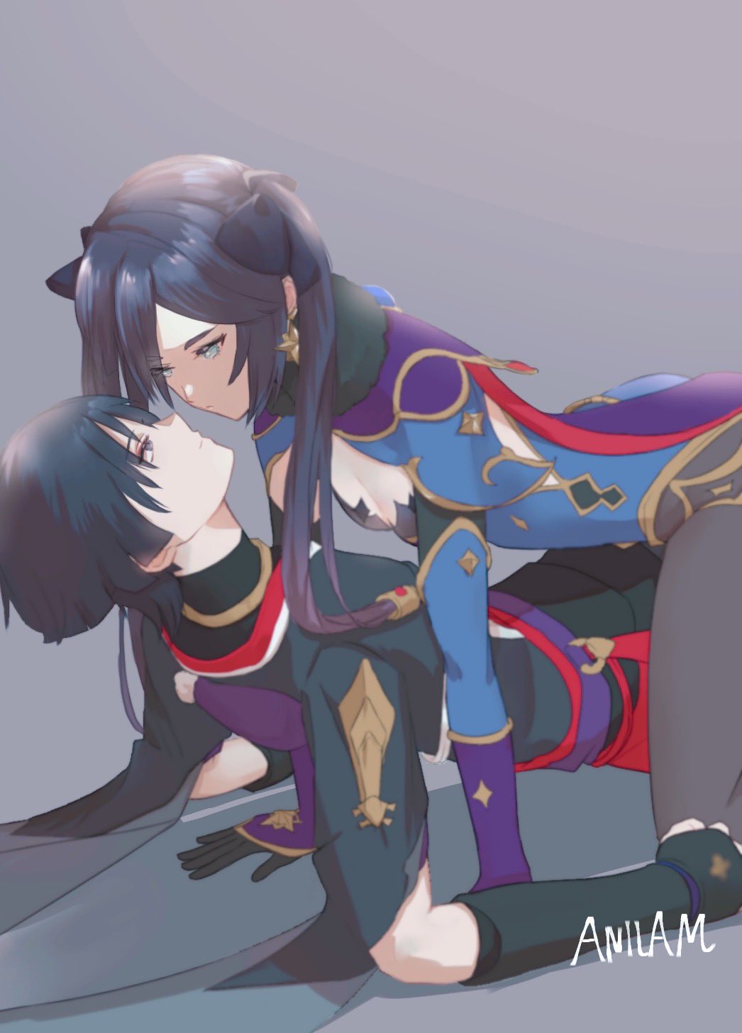 1boy 1girl all_fours arm_support artist_name black_bodysuit black_bow black_gloves black_hair black_kimono black_pantyhose black_sleeves blue_eyes blue_leotard blue_sleeves blunt_ends bodysuit bow breasts cape cleavage clenched_hand closed_mouth detached_sleeves earrings elbow_gloves expressionless eye_contact eyelashes eyeliner eyeshadow face-to-face fur_collar furisode genshin_impact girl_on_top gloves gold gold_trim grey_background grey_eyes hair_bow hetero highleg highres japanese_clothes jewelry kimono leotard long_hair looking_at_another makeup mona_(genshin_impact) neck_ring o-ring open_hand pantyhose parted_bangs ponytail_holder purple_bag purple_cape purple_sash purple_sleeves red_cape red_eyeliner red_eyeshadow red_sash remind_lam22 sash scaramouche_(genshin_impact) short_sleeves sidelocks sideways_mouth small_breasts smile star_(symbol) star_earrings tsurime twintails two-sided_cape two-sided_fabric two-tone_sleeves yukadon