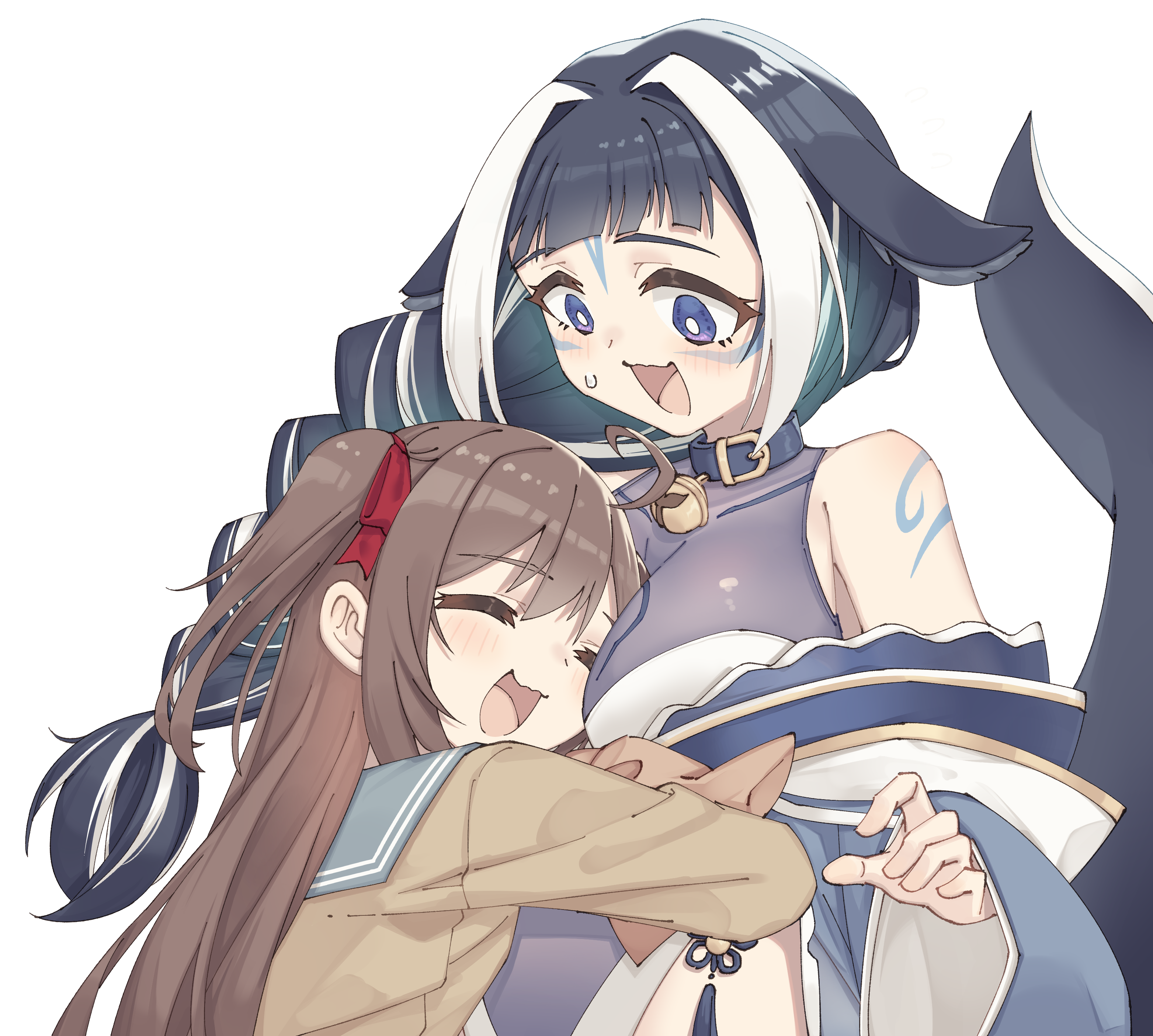 2girls :d =_= absurdres ahoge animal_collar animal_ears bare_shoulders bell belt_collar between_breasts black_hair blue_collar blue_eyes blue_sailor_collar blunt_bangs blush body_markings braid braided_ponytail breast_pillow breasts bright_pupils brown_cardigan brown_hair cardigan cetacean_tail cleavage collar criss-cross_halter detached_sleeves facial_mark fins fish_tail flustered hair_between_eyes halterneck height_difference highres hug indie_virtual_youtuber large_breasts live2d_inc. long_hair momose_hiyori multicolored_hair multiple_girls neck_bell neuro-sama one-piece_swimsuit open_mouth orca_girl purple_eyes rune_(dualhart) sailor_collar school_uniform see-through_clothes see-through_cleavage see-through_swimsuit shylily shylily_(3rd_costume) single_braid smile streaked_hair sweatdrop swimsuit tail transparent_background two_side_up upper_body virtual_youtuber white_hair white_one-piece_swimsuit white_pupils