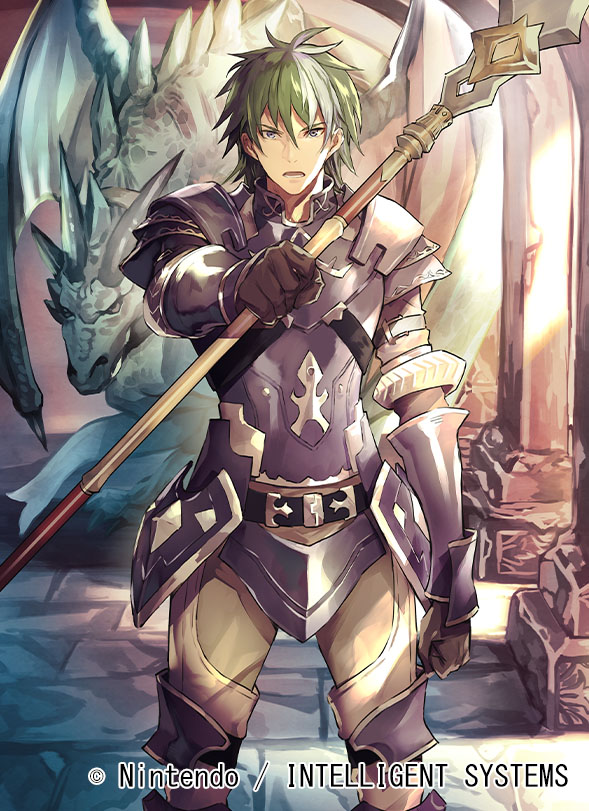 1boy armor armored_boots blue_eyes boots dragon dragon_wings fire_emblem fire_emblem:_the_blazing_blade fire_emblem_cipher gloves green_hair heath_(fire_emblem) male_focus multicolored_hair nagahama_megumi nintendo official_art open_mouth polearm solo spear teeth two-tone_hair weapon white_hair wings