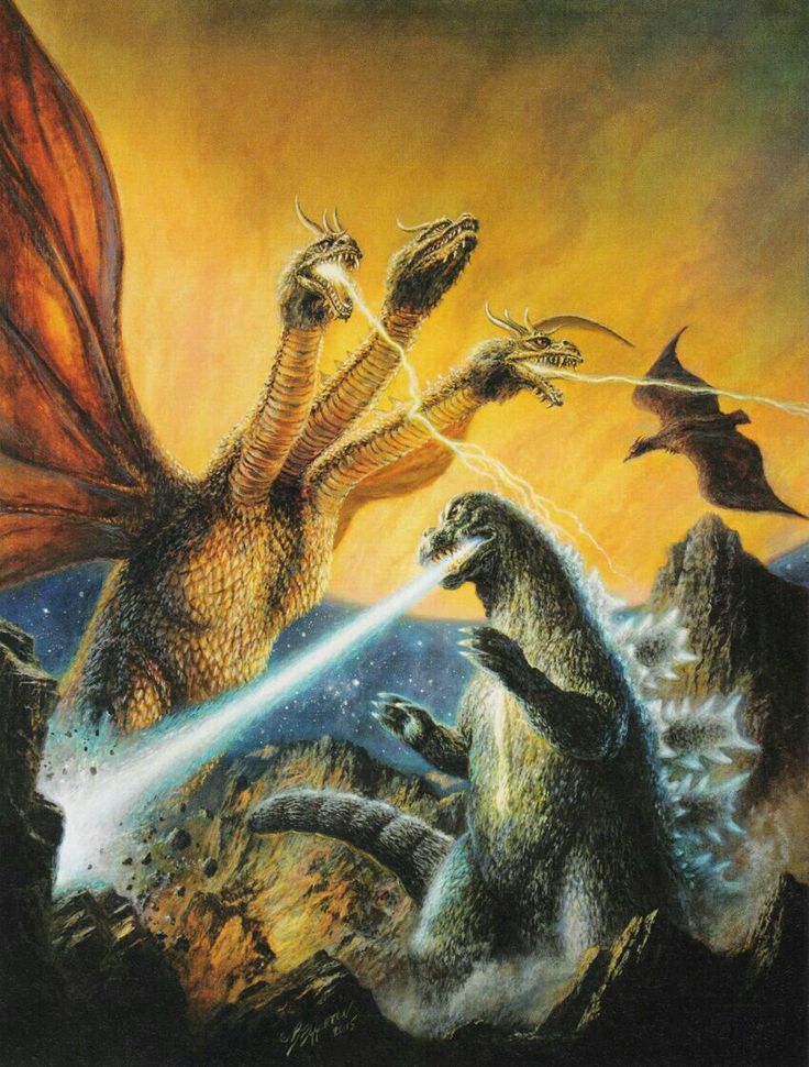 atomic_breath battle bob_eggleton breath_weapon breathing_lightning conjoined dinosaur electricity energy energy_beam giant giant_monster glowing godzilla godzilla_(series) godzilla_vs._monster_zero gravity_beam jupiter_(planet) kaiju king_ghidorah monster mouth_beam planet planet_x pterosaur rodan smoke space space_monster toho